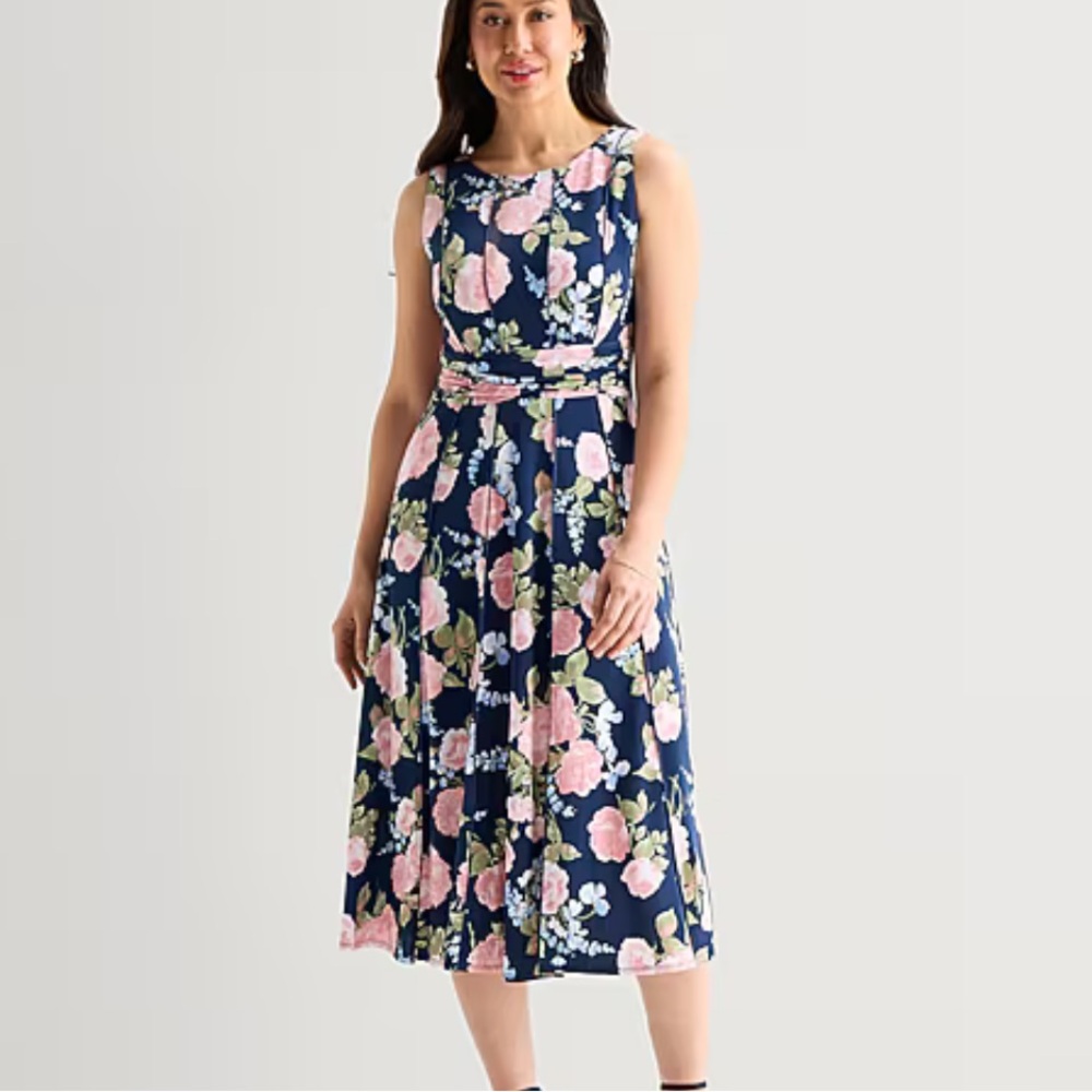 Perceptions Sleeveless Navy Floral Midi Dress with Pink Roses sz Med NWT